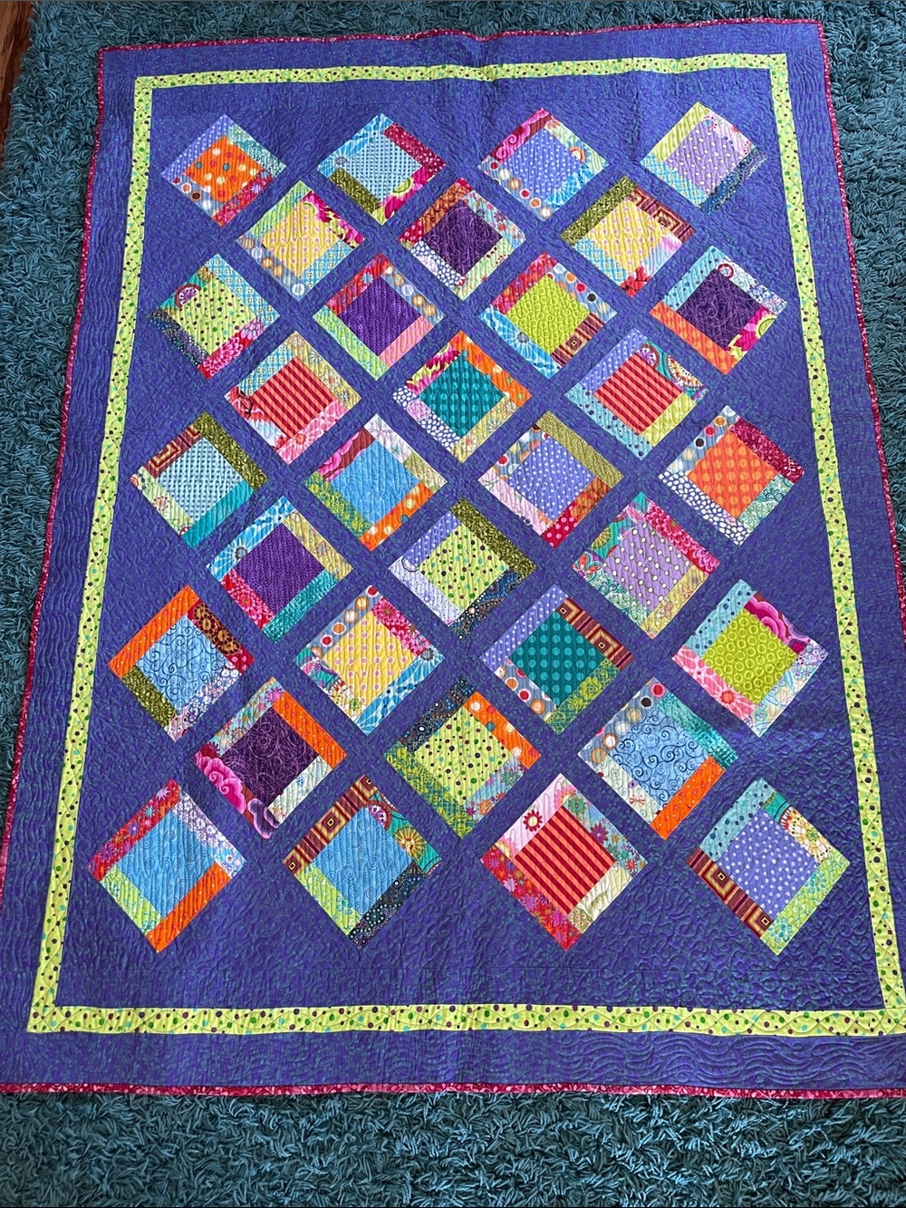 Vibrant Patchwork hand made Diamond Quilt in Purple and green- size 65” x 48”